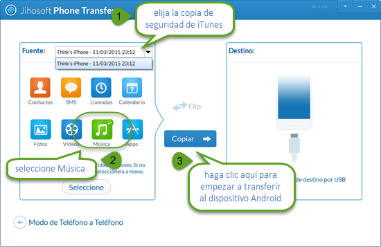 Copiar música desde iTunes a Android a través de Jihosoft Phone Data Transfer
